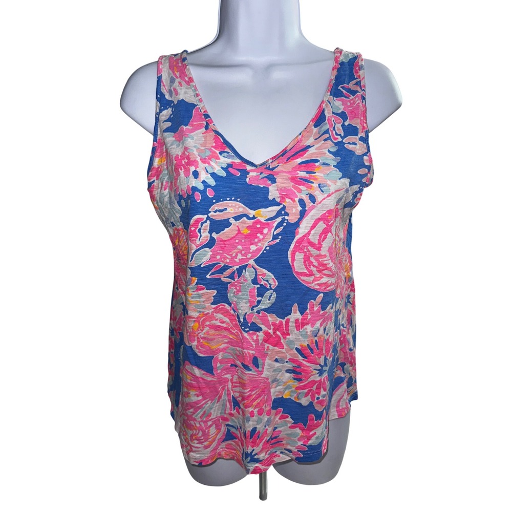 Lilly Pulitzer Blue Pink Floral Crab Tank Top Small Palm Beach Luxury Preppy Y2K